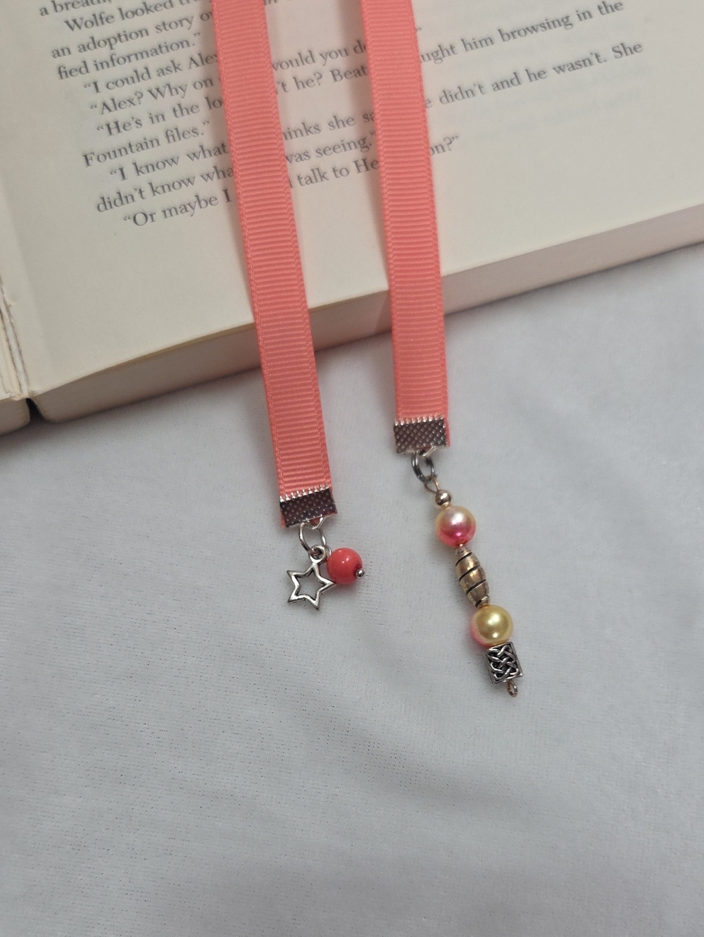 Handmade Peach Coral Fabric Ribbon Beaded Bookmark Silver Star Charm Handcrafted